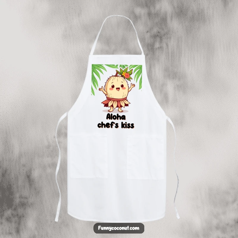 Funny Coconut Hula Dancer Apron: A gregarious coconut character performs a hula dance in a leafy skirt, bringing tropical fun to kitchen activities.