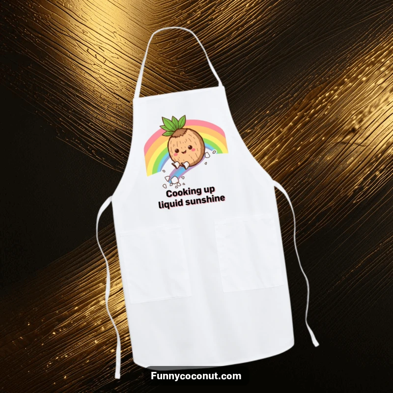 Funny Apron: A happy coconut character joyfully slides down a colorful rainbow, scattering flakes, perfect for a fun-loving cook.
