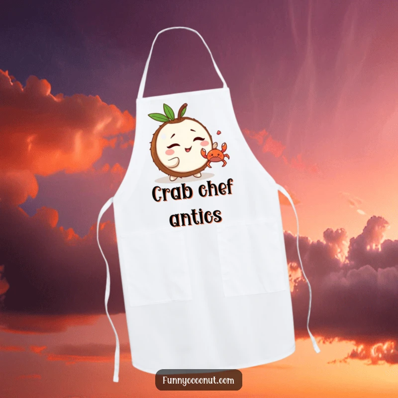 Funny Kawaii Coconut Apron: a mischievous character winking and tossing a tiny crab, perfect for playful kitchen adventures.