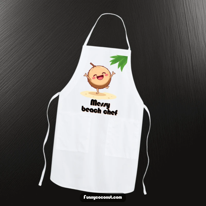 Funny apron depicting a laughing coconut energetically performing a cartwheel on a sandy beach, adding playful humor to cooking.