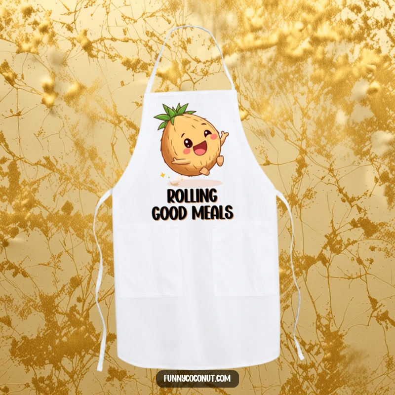 Funny coconut apron showing a delighted young coconut rolling downhill while cooking, adding whimsical fun and a playful spirit to kitchen tasks.