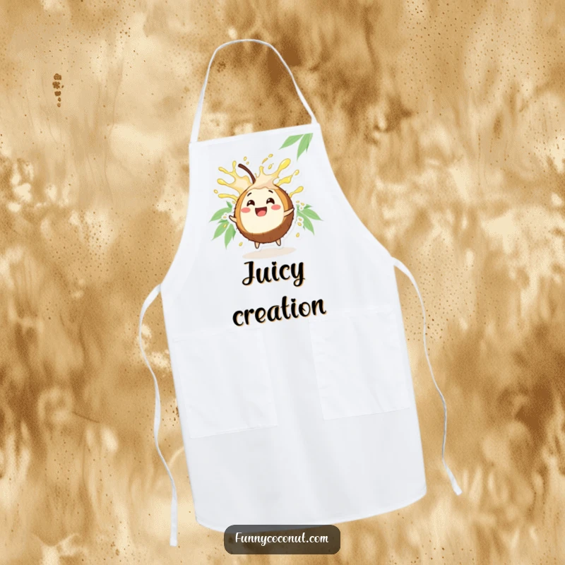 Funny Coconut Apron: A cheerful coconut character bursting with juice, perfect for a fun cooking experience.