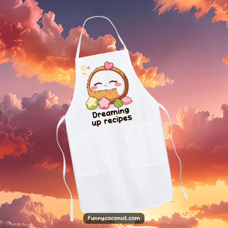 Funny coconut apron showing a coconut dreaming of tasty treats, perfect for kitchen protection with a humorous twist.