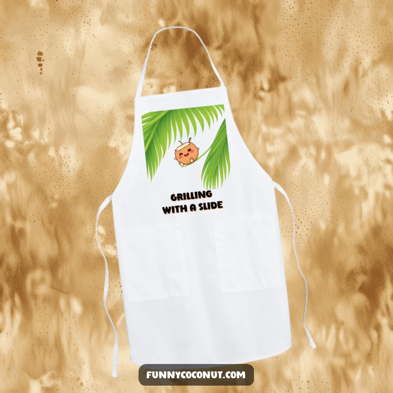 Funny smiling coconut character sliding down a palm frond, a cute and practical kitchen apron.