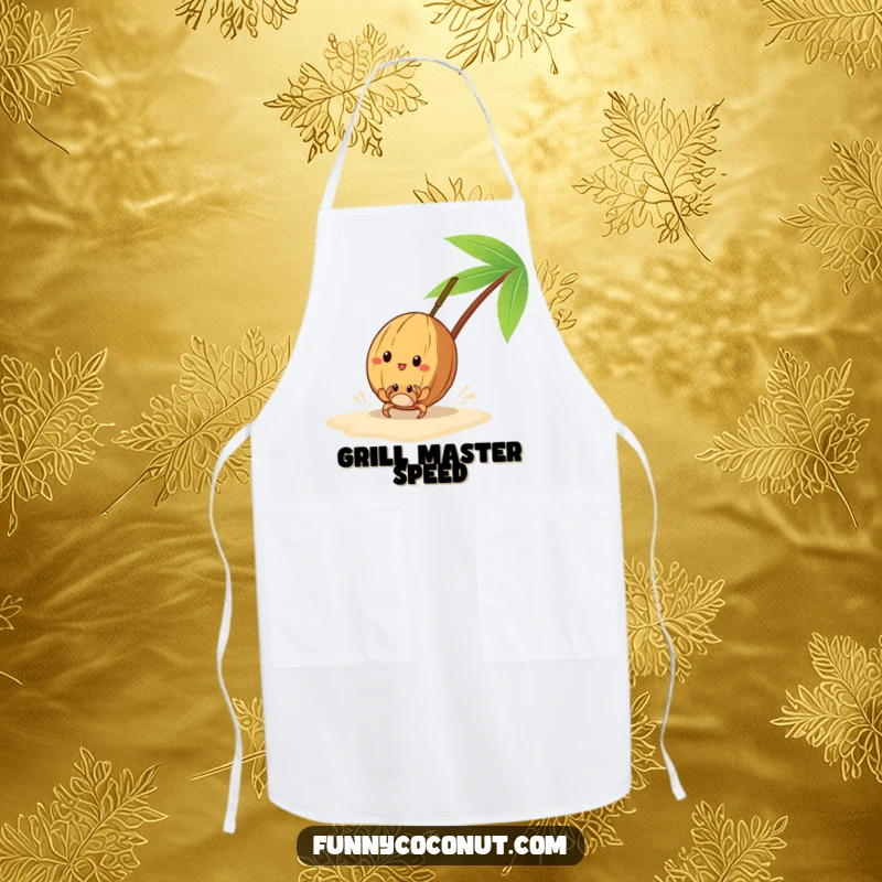 Funny kitchen apron with a coconut racing a tiny crab on the sand, perfect for grilling.