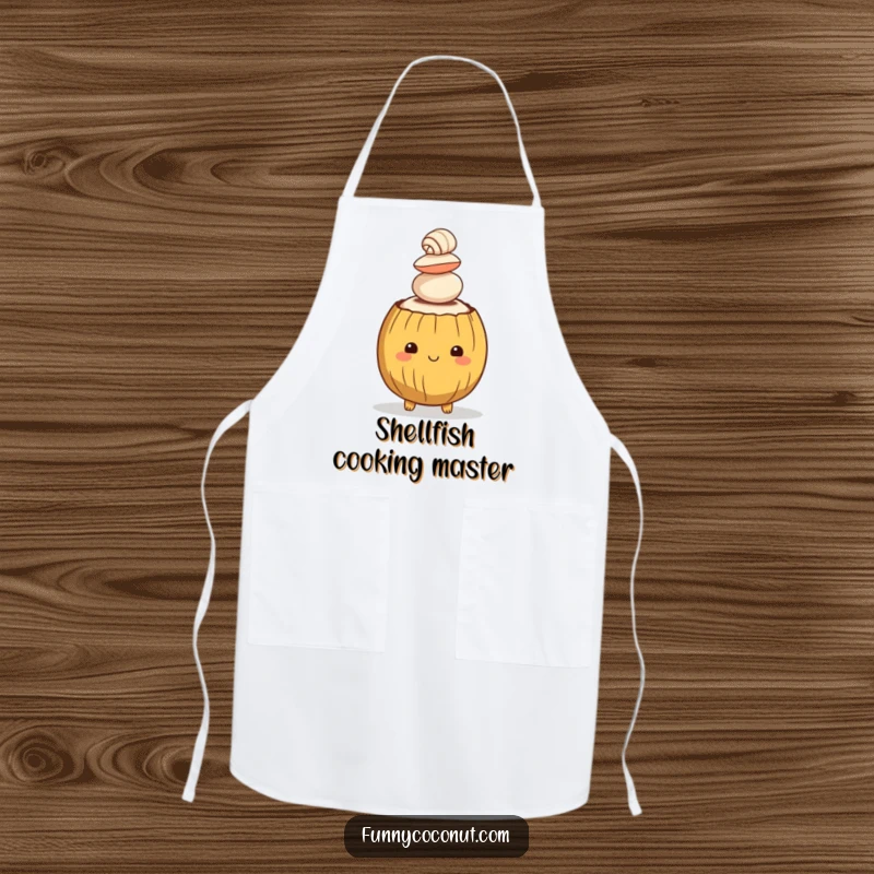 Funny apron design showing a happy coconut character balancing seashells, ideal for a fun and tidy cooking experience.