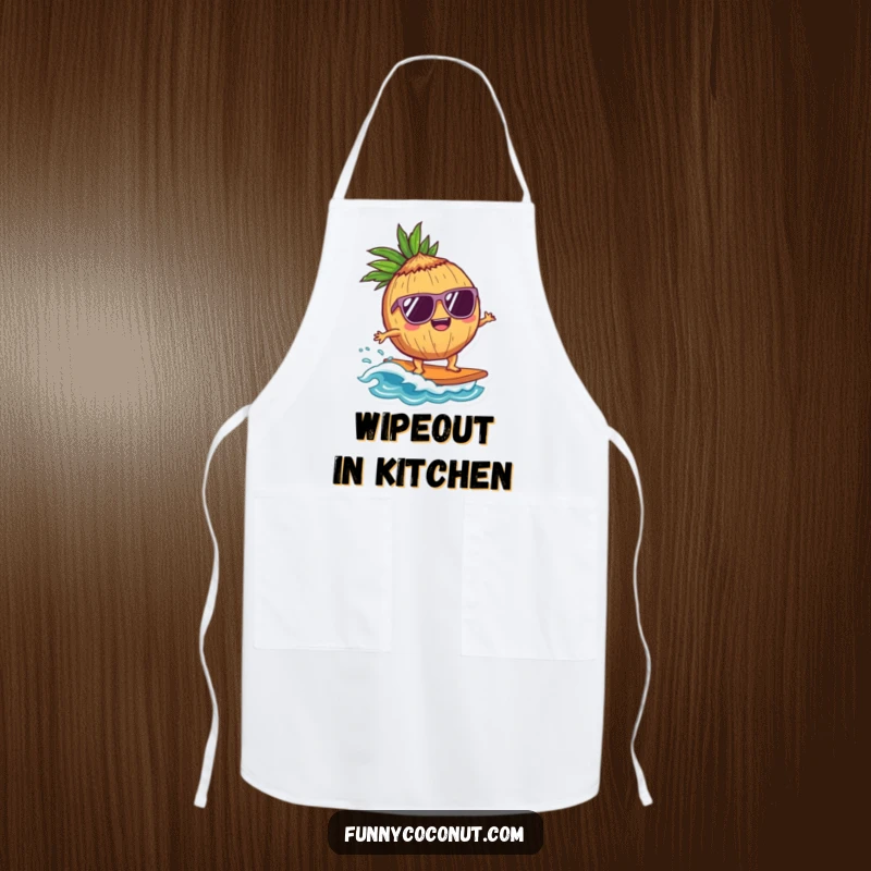 Funny Coconut Surfer Apron: A delighted coconut character wearing sunglasses surfs a wave, adding cool, beachy fun to kitchen activities.
