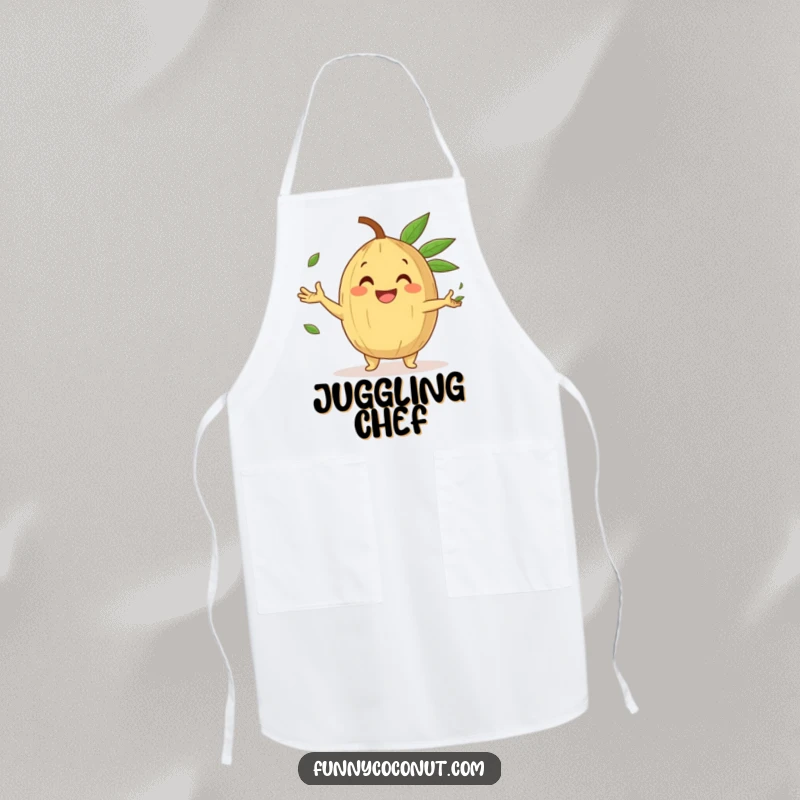 Funny Apron showing a happy coconut character with a gleeful grin, juggling small palm leaves, ideal for a fun kitchen.