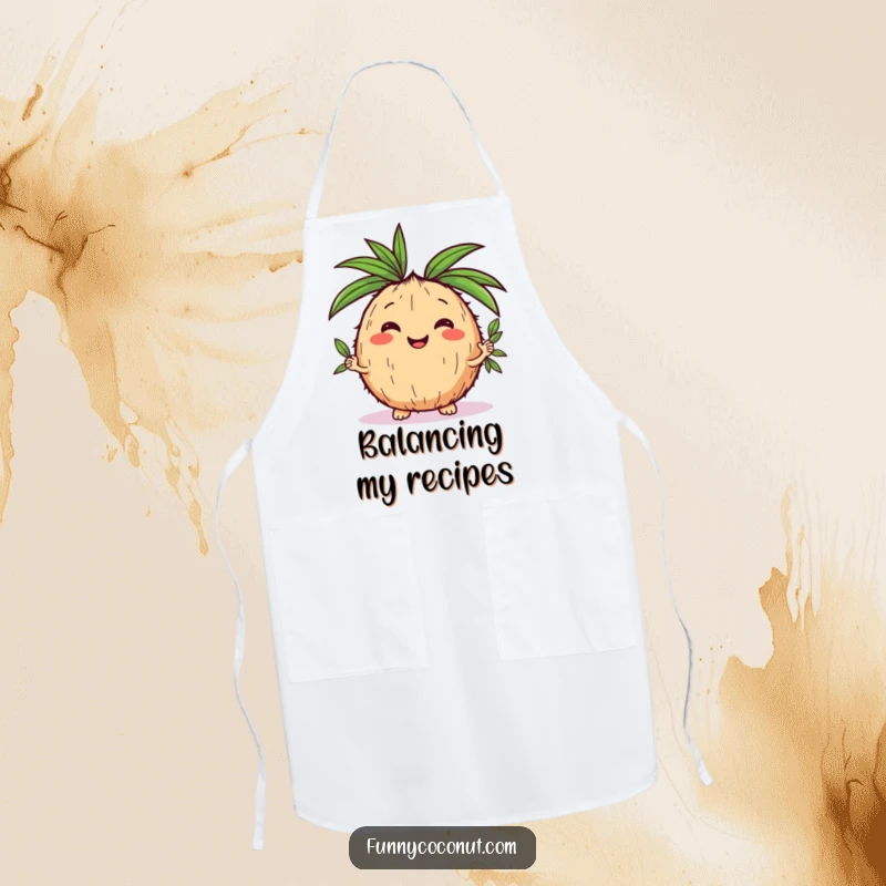 Funny kawaii coconut juggling palm leaves, designed for a chef's apron, adding a playful touch to cooking.