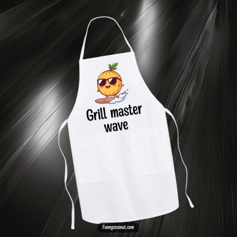 Funny Apron showing a smiling coconut character in sunglasses, surfing a tiny wave, adding humor to the kitchen.