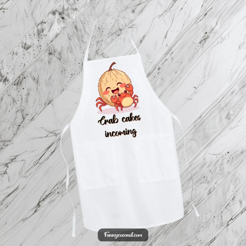 Funny coconut with rosy cheeks giggling while being tickled by a crab, a humorous and practical apron.