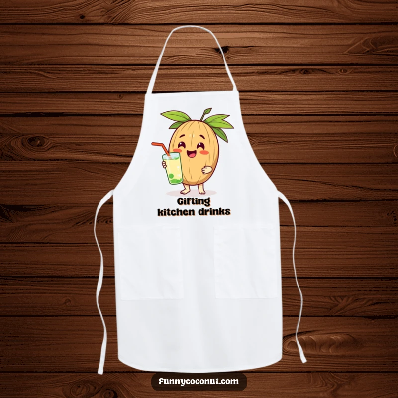 Funny apron with a happy coconut character presenting a cool drink, perfect for cheerful cooking.
