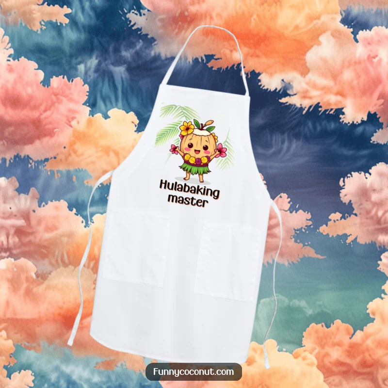 Funny coconut performing a hula dance while wearing a lei, a humorous and practical apron for kitchen fun.