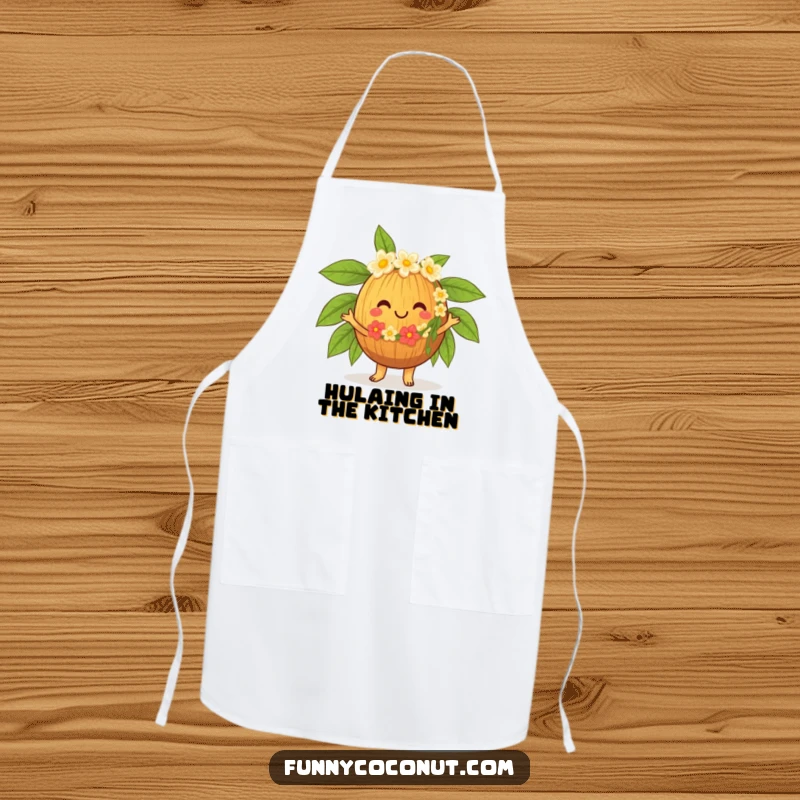 Funny Hula Coconut Apron, a cheerful character in a lei, dancing the hula while protecting your clothes, adding tropical fun to cooking.
