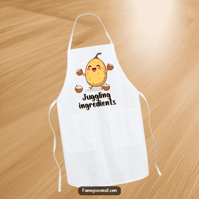 Funny Coconut Juggler Apron: A jubilant coconut character juggles smaller coconuts, bringing skillful fun and energy to kitchen activities.