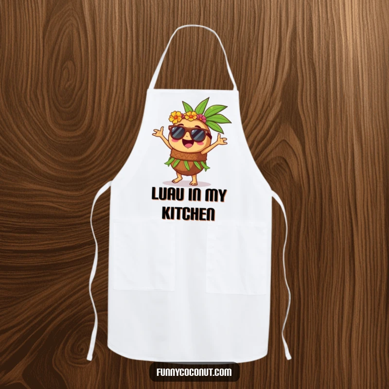 Funny apron featuring a joyous coconut wearing sunglasses, enthusiastically performing a hula dance while cooking.