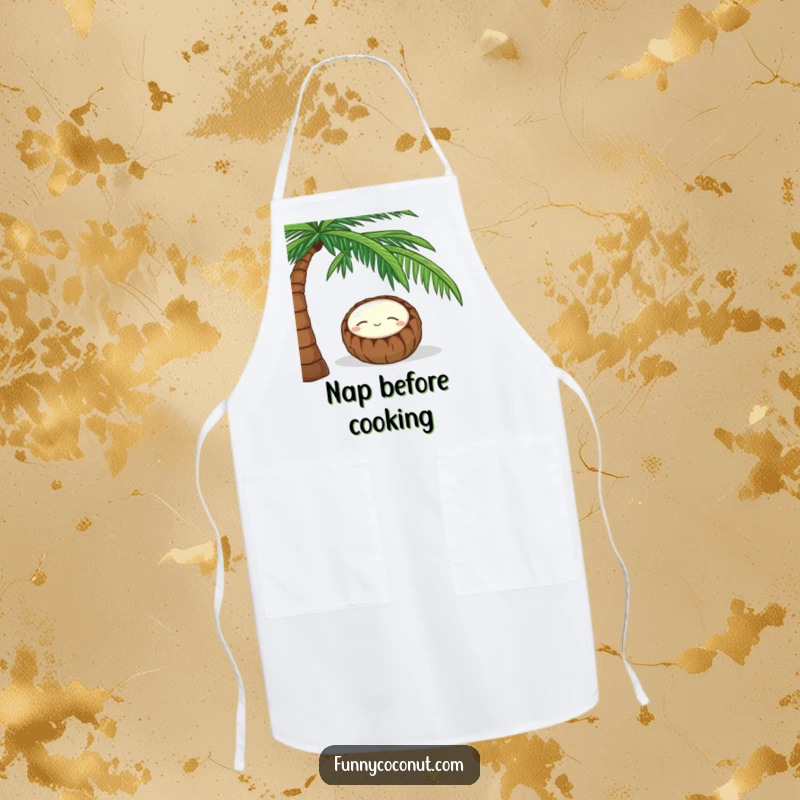 Funny apron depicting a peacefully sleeping coconut with a smile, resting under a palm tree, for lighthearted cooking.