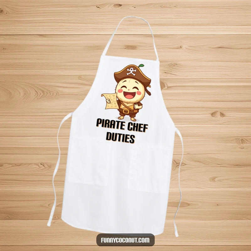 Funny Pirate Coconut Apron: A laughing coconut character dressed as a pirate holds a treasure map, bringing swashbuckling fun to kitchen activities.