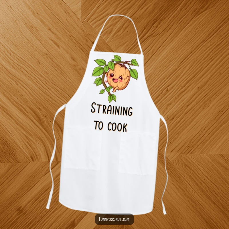 Funny Determined Coconut Apron: A climbing coconut character with enthusiasm, adding tropical humor to cooking.