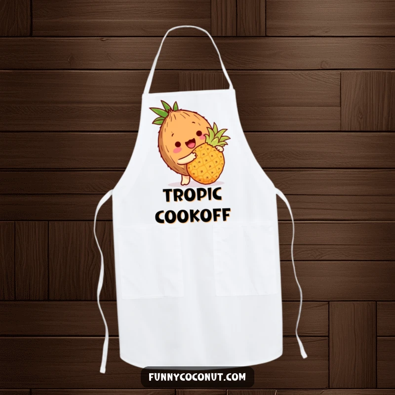 Funny coconut apron depicting a coconut character playfully bopping a miniature pineapple with its husk, tropical kitchen style.