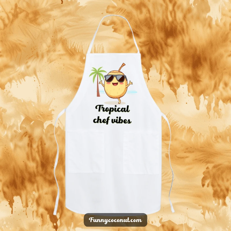 Funny coconut wearing sunglasses and a straw, dancing on a beach, a humorous and practical apron for kitchen fun.