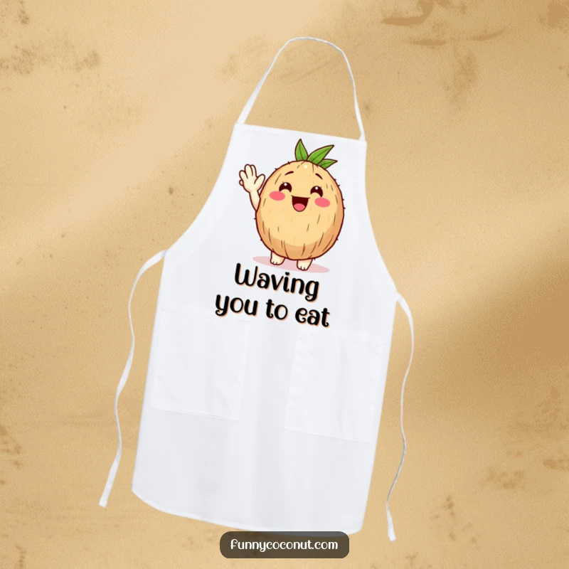 Funny Happy Coconut Apron: A happy coconut character gives a friendly wave, adding tropical humor to cooking.