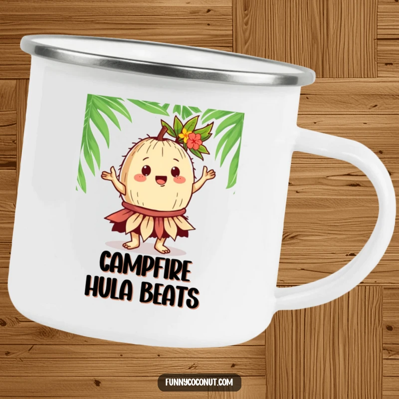Funny Coconut Hula Dancer Camping Mug: A gregarious coconut character performs a hula dance, perfect for campfire drinks with tropical flair.