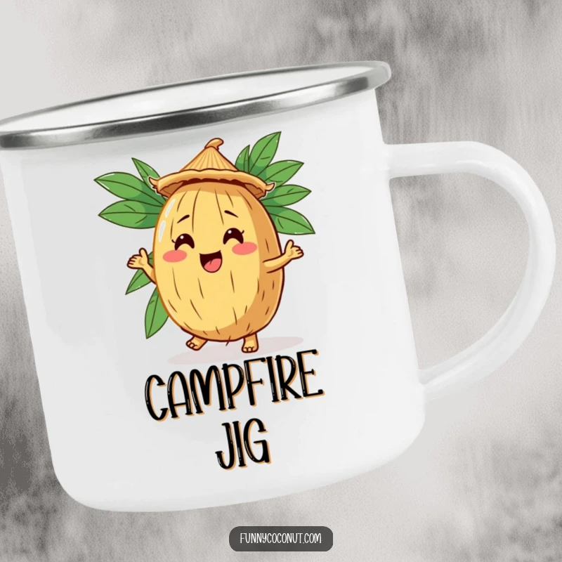 Funny Coconut Jig Camping Mug: A camping mug with a comical coconut character doing a jig, wearing a straw hat.