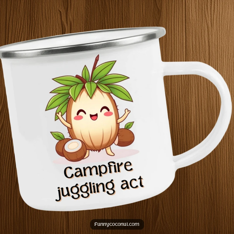 Funny cheerful coconut wearing a leafy crown, juggling three smaller coconuts, a durable and humorous camping mug.