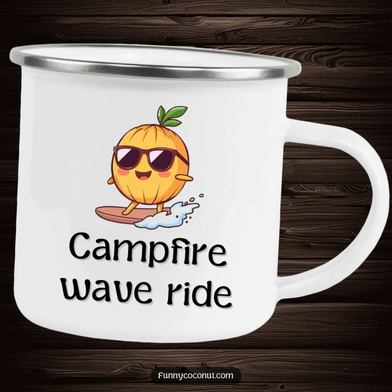 Funny Camping Mug showcasing a smiling coconut character in sunglasses, surfing a tiny wave, ready for the outdoors.
