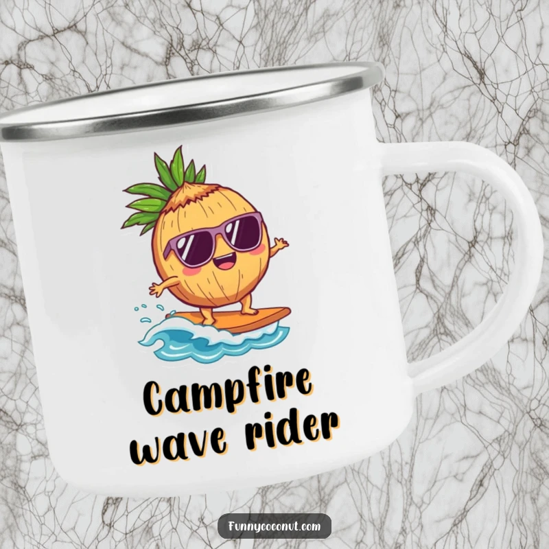 Funny Coconut Surfer Camping Mug: A delighted coconut character wearing sunglasses surfs a wave, perfect for outdoor drinks with cool, beachy vibes.