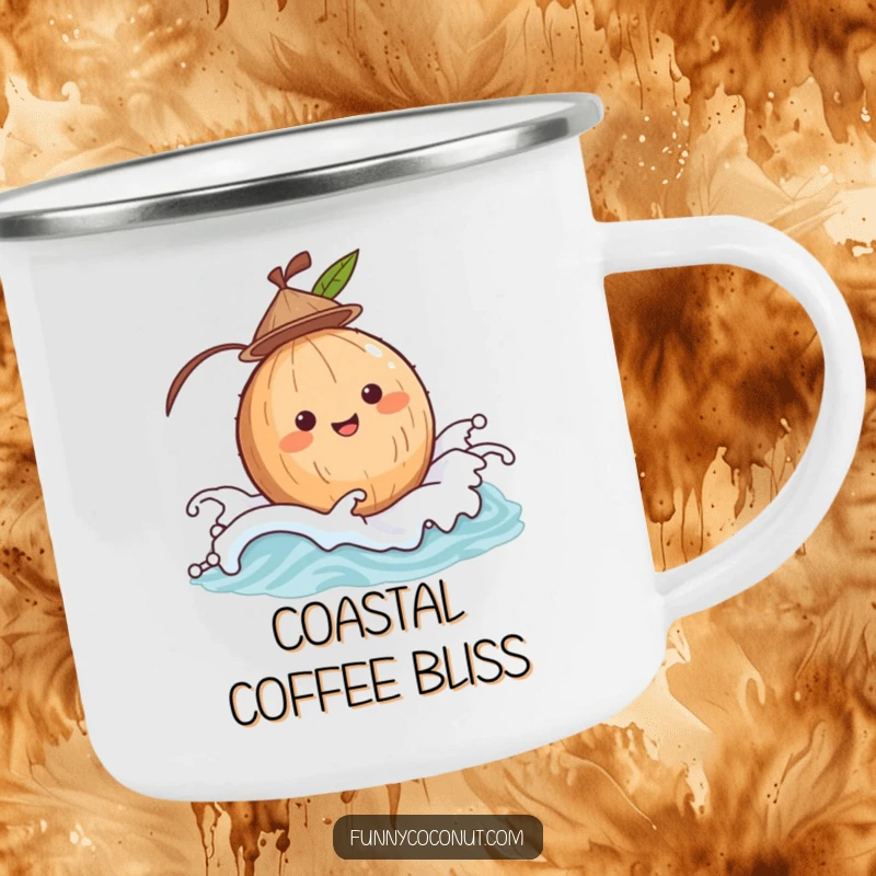 Funny coconut with a tiny hat, bobbing on a gentle wave, a durable and humorous camping mug for seaside adventures.