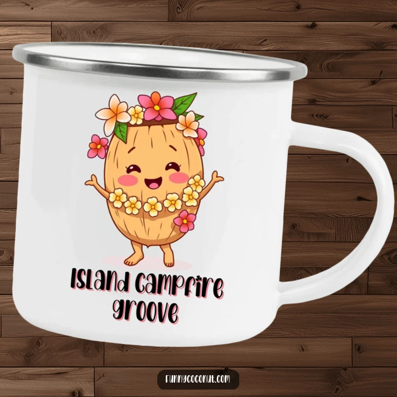 Funny Coconut Camping Mug, durable and festive, showing a coconut dancing with a flower lei, ideal for outdoor use, a great funny gift.