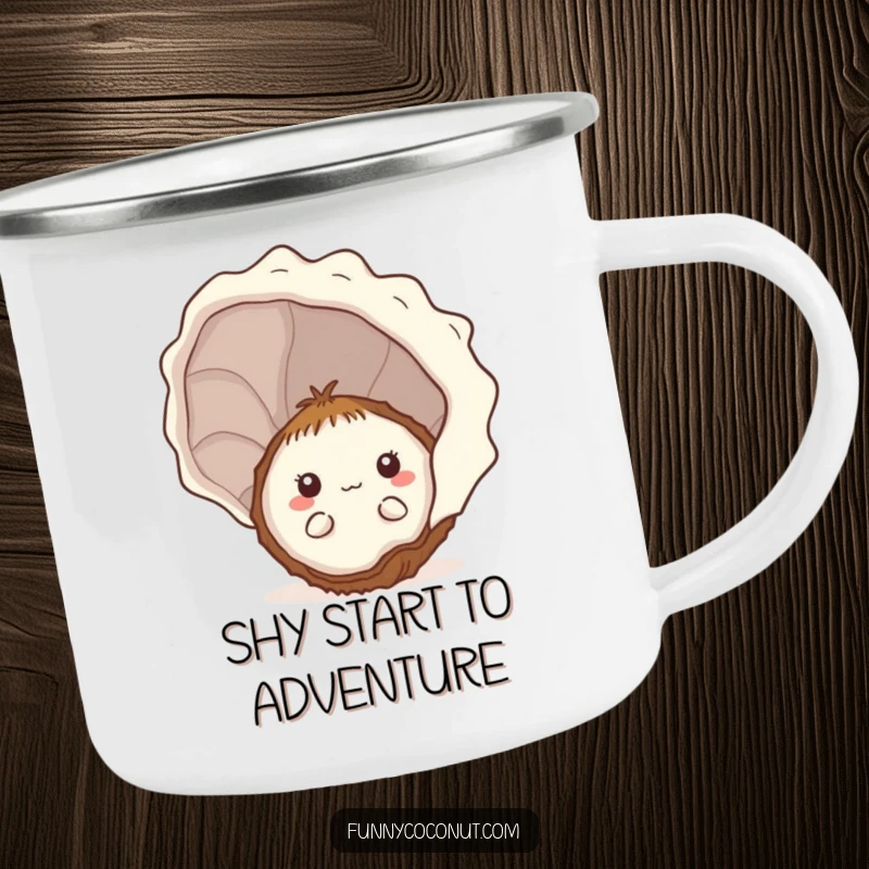 Funny shy kawaii coconut peeking from behind a seashell on a rugged camping mug, for quiet adventures.