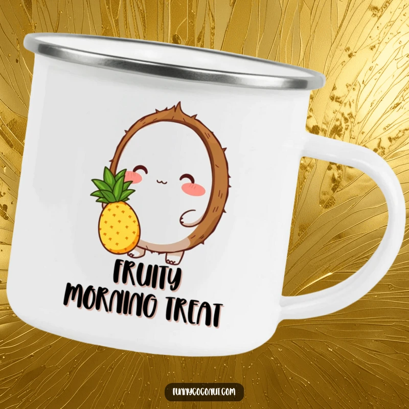 Funny camping mug with a blushing coconut character offering a pineapple, perfect for enjoying drinks outdoors with a sweet, tropical theme.