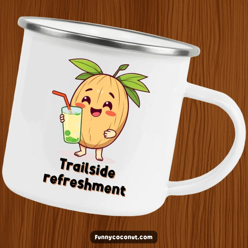 Funny camping mug with a happy coconut character offering a cool drink, perfect for outdoor refreshment.