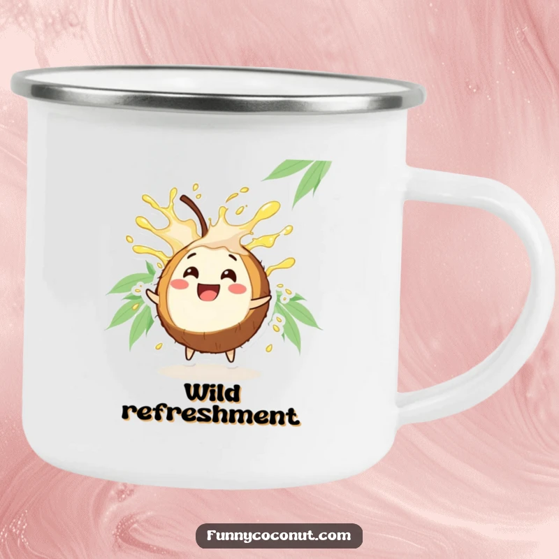 Funny Coconut Camping Mug: A durable mug with a happy coconut character bursting refreshing juice, for outdoor fun.