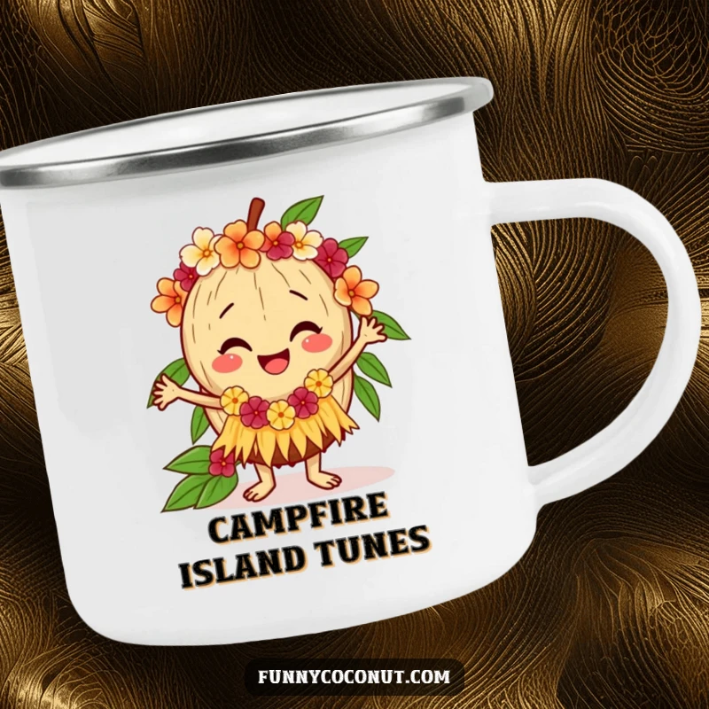 Funny coconut camping mug showing a happy coconut doing a hula dance, designed for outdoor use with a touch of tropical cheer.