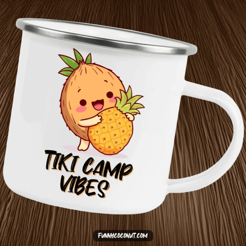Funny coconut camping mug showing a coconut character playfully bopping a miniature pineapple with its husk, island vibes.
