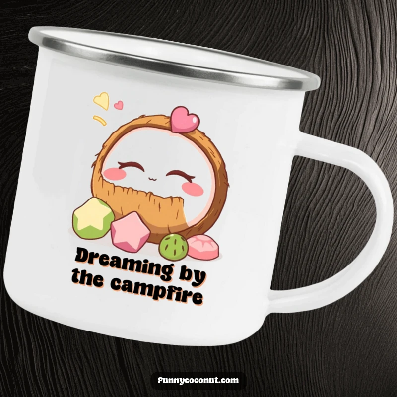 Funny coconut camping mug showing a coconut dreaming of delicious treats, robust for outdoor adventures and humorous enjoyment.