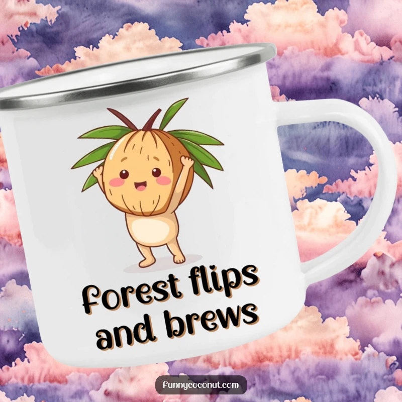 Funny Coconut Handstand Camping Mug, a happy coconut balancing in a handstand on its husk, perfect for outdoor drinks.