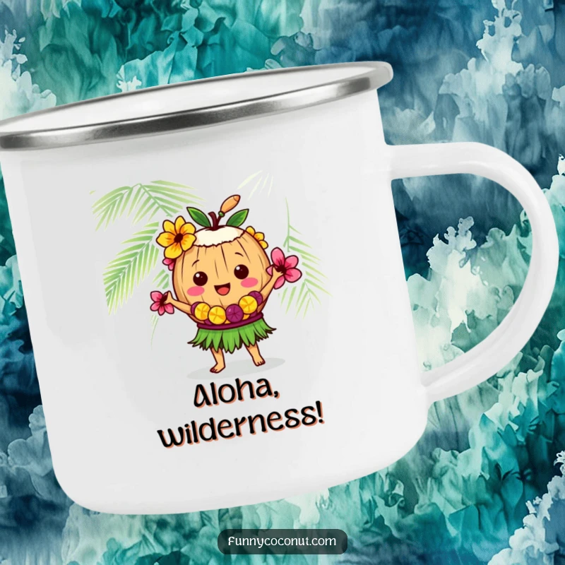 Funny coconut character in a lei, performing a hula, ready for adventure on this rugged and humorous camping mug.