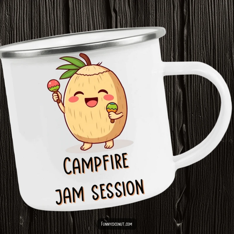 Funny camping mug depicting a cheerful coconut character enthusiastically ringing tiny maracas, bringing portable joy and rhythmic fun to the outdoors.