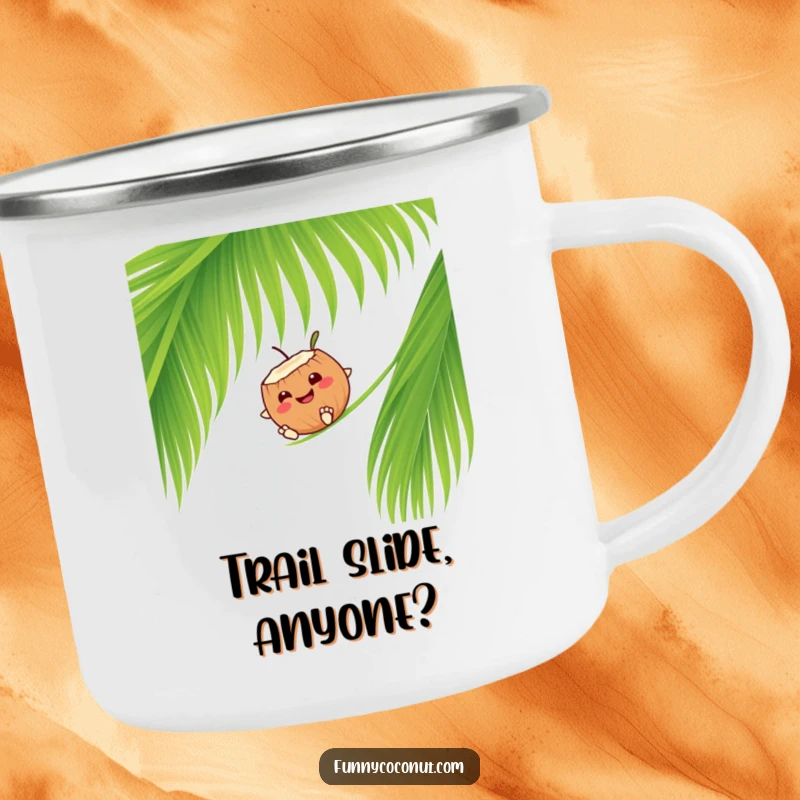 Funny smiling coconut character sliding down a palm frond, a durable mug for outdoor enjoyment.