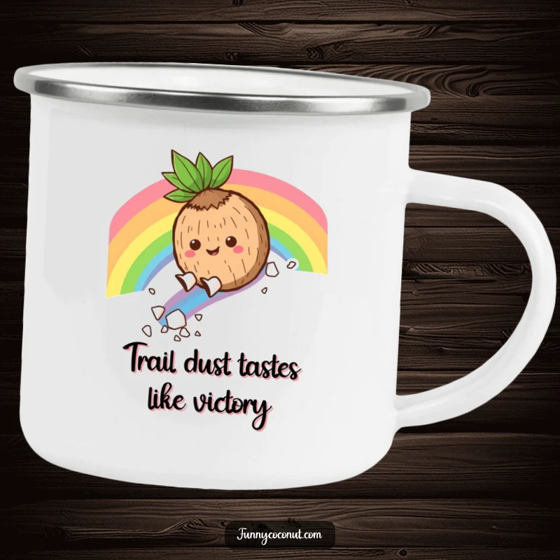 Funny Camping Mug: A happy coconut slides down a rainbow, leaving flakes, ready for your favorite hot beverage on any adventure.