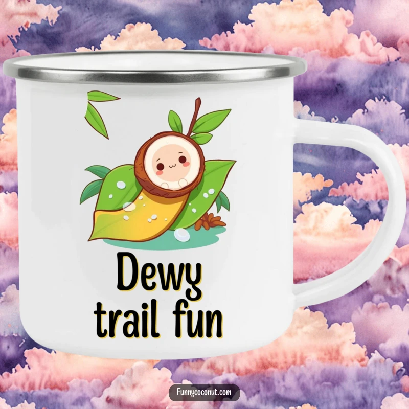 Funny camping mug illustration of a coconut sliding down a dewy leaf like a slide, perfect for outdoor fun.