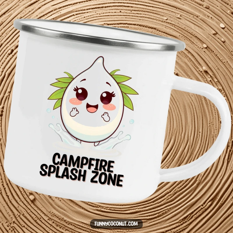 Funny coconut water droplet character camping mug, making tiny splashes, durable and cheerful for outdoor use.