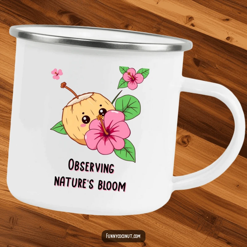 Funny Curious Coconut Camping Mug: A coconut character peeks from behind a hibiscus flower, perfect for whimsical outdoor moments.