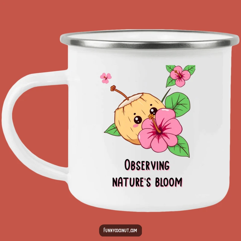 Funny Curious Coconut Camping Mug - Tropical Mystery, Flower Peek, Great Humorous Gift
