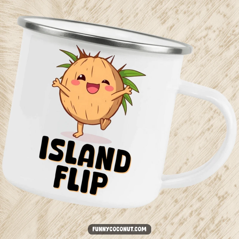 Funny camping mug with a delighted coconut character doing a cartwheel with its husk.